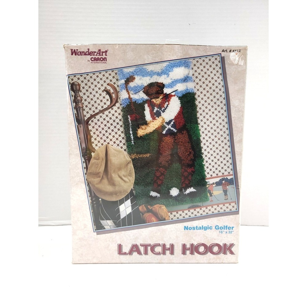 Vintage Caron Latch Hook Rug Kit "Nostalgic Golfer" #4112 Sealed 16" x 32" - New